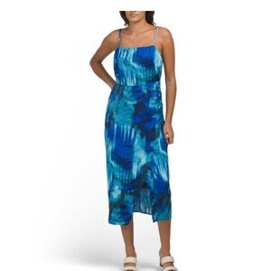 NWOT Connected Apparel Blue Watercolor Tropical Spaghetti Strap Sundress